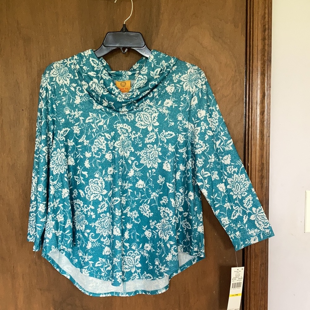 Ruby rd top metallic floral print pullover w stretch casual office PM - Picture 5 of 17
